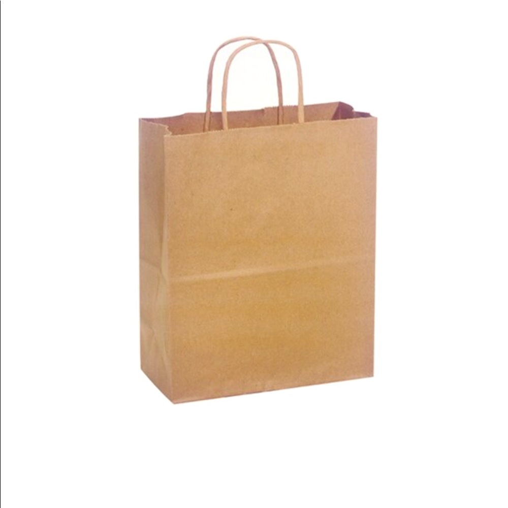 15 Recycled Kraft Paper Cub Size Shopping Bags, handles 8 1/4 x 4-3/4 x 10-5/8"